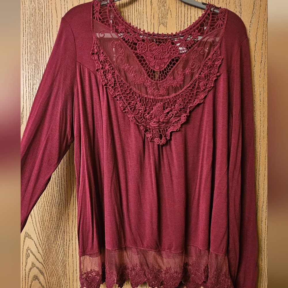 Burgundy Lace Trim Women's Top Size XXXL